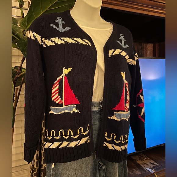 Nautical Vintage Sweater Crazy Horse Full Zip Cardigan Navy Chunky Knit M Warm - Picture 8 of 8